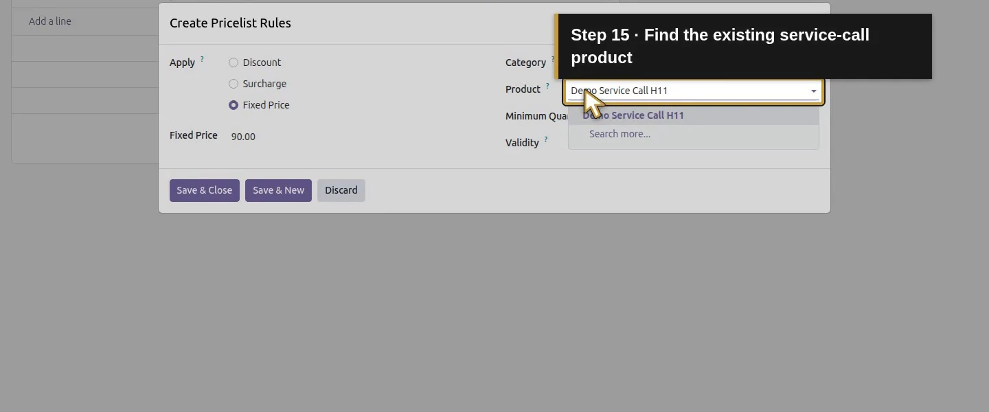 Action 15: Find the existing service-call product. The actual target is highlighted in gold.