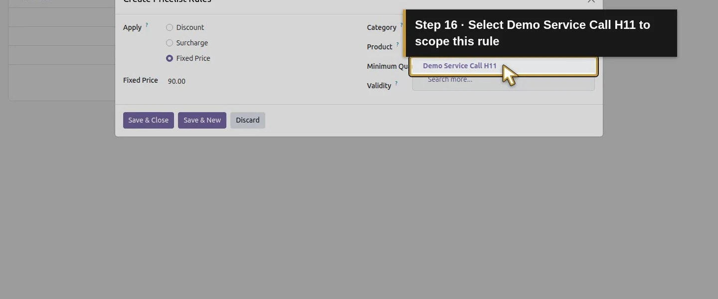 Action 16: Select Demo Service Call H11 to scope this rule. The actual target is highlighted in gold.