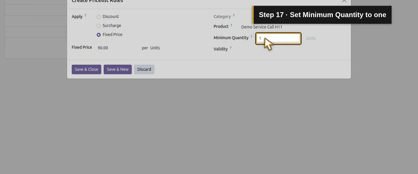Action 17: Set Minimum Quantity to one. The actual target is highlighted in gold.