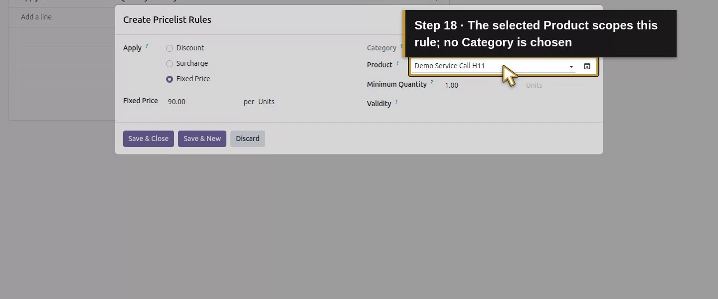 Action 18: The selected Product scopes this rule; no Category is chosen. The actual target is highlighted in gold.
