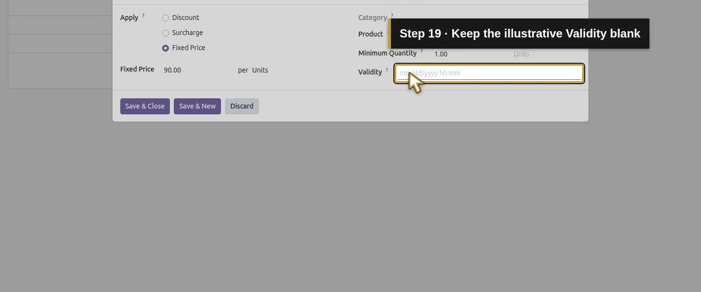Action 19: Keep the illustrative Validity blank. The actual target is highlighted in gold.