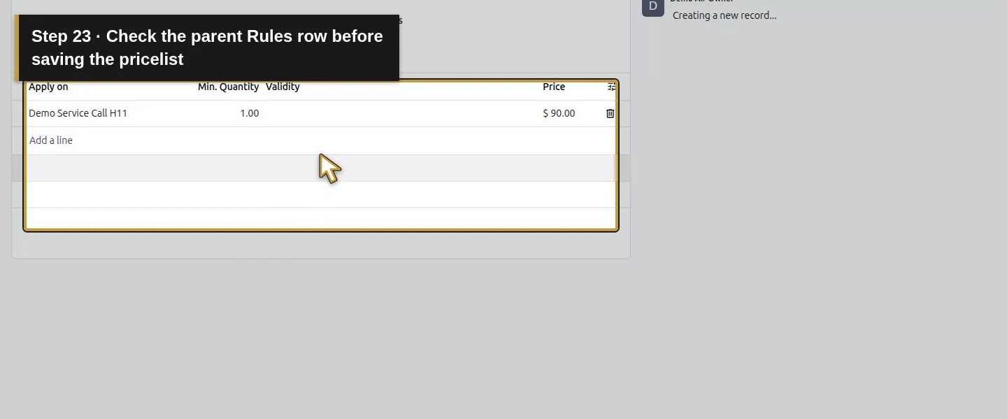 Action 23: Check the parent Rules row before saving the pricelist. The actual target is highlighted in gold.