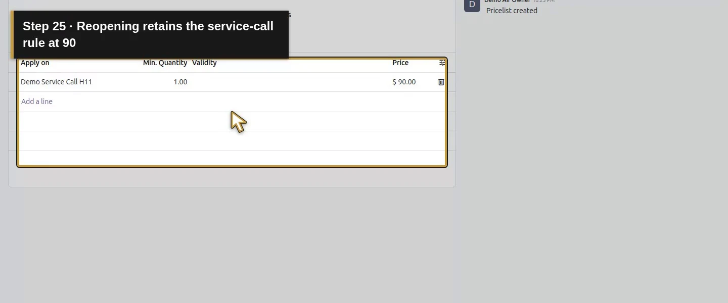 Action 25: Reopening retains the service-call rule at 90. The actual target is highlighted in gold.