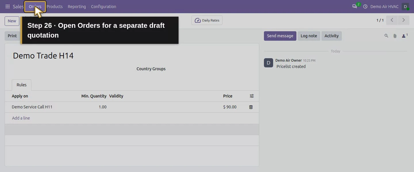 Action 26: Open Orders for a separate draft quotation. The actual target is highlighted in gold.