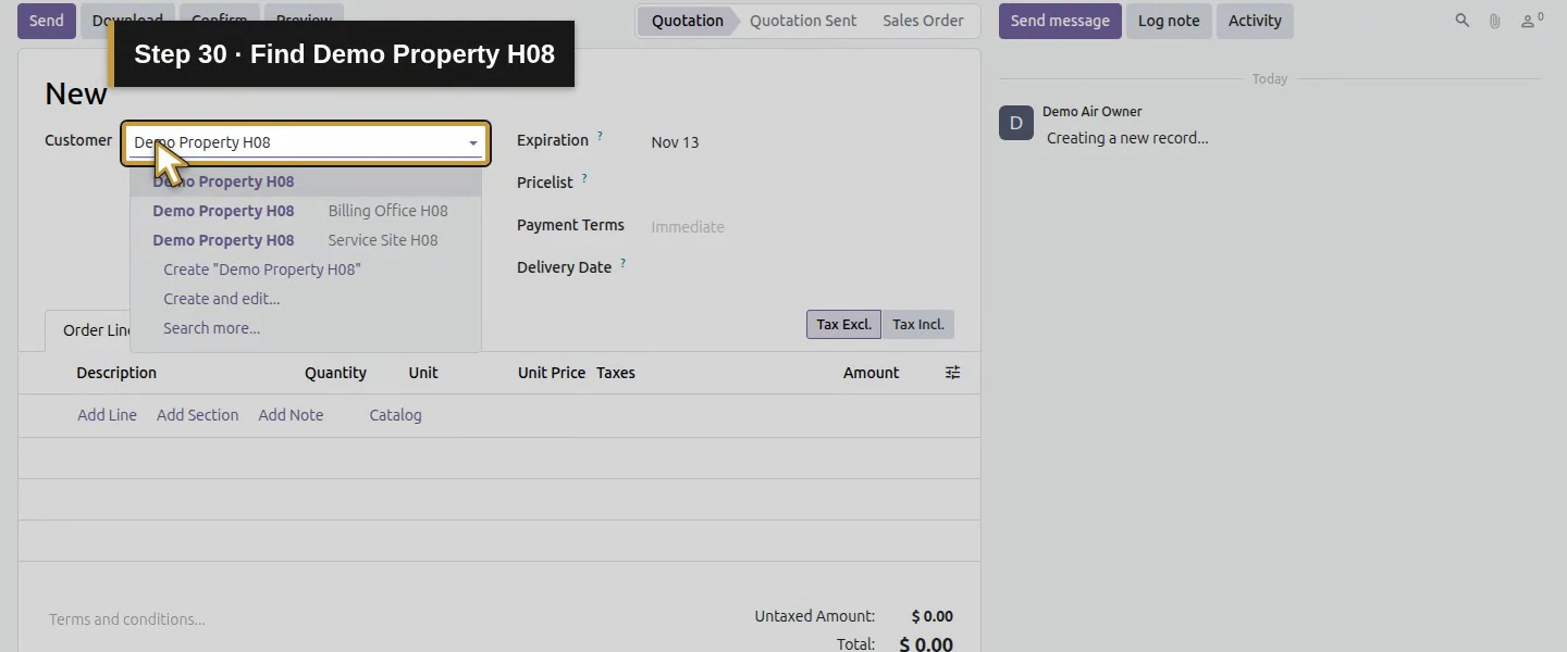 Action 30: Find Demo Property H08. The actual target is highlighted in gold.