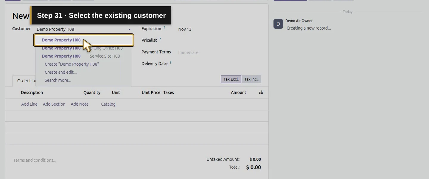 Action 31: Select the existing customer. The actual target is highlighted in gold.