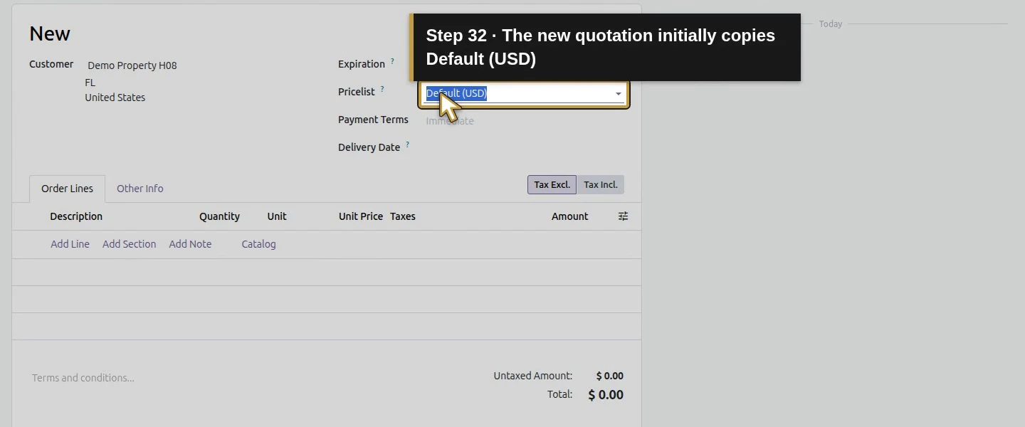 Action 32: The new quotation initially copies Default (USD). The actual target is highlighted in gold.