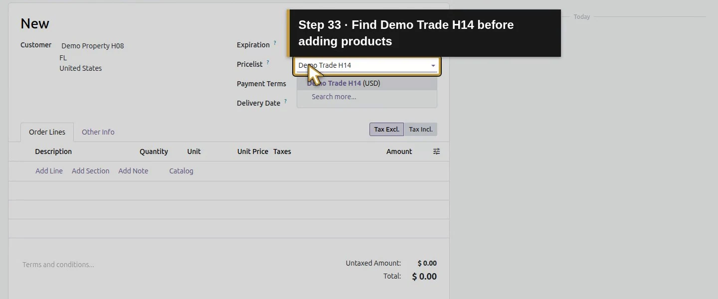 Action 33: Find Demo Trade H14 before adding products. The actual target is highlighted in gold.