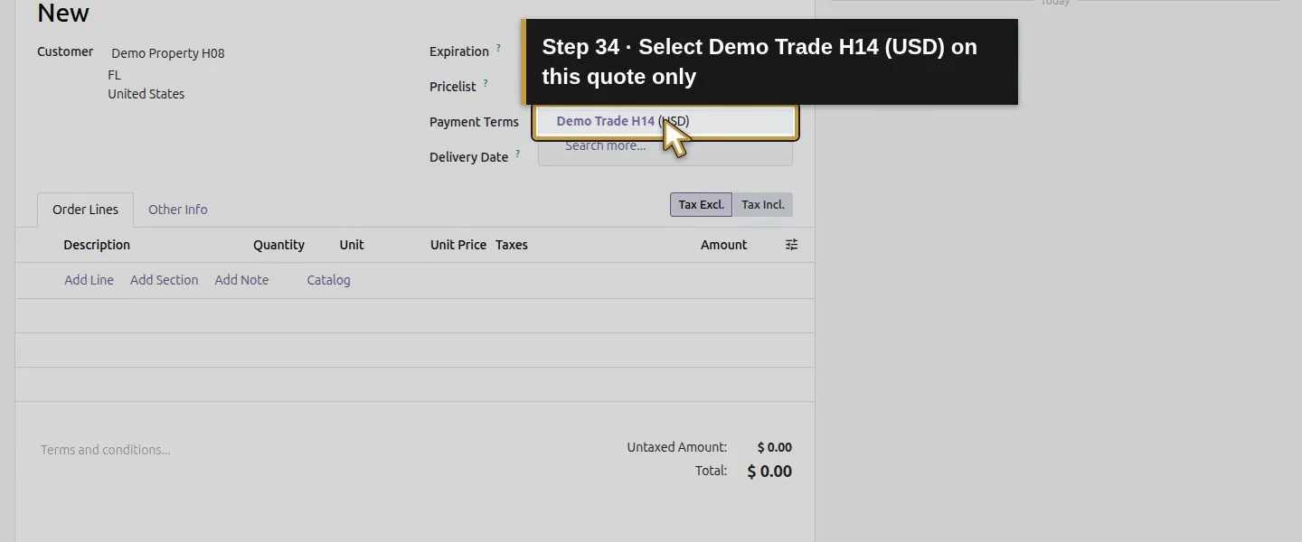 Action 34: Select Demo Trade H14 (USD) on this quote only. The actual target is highlighted in gold.