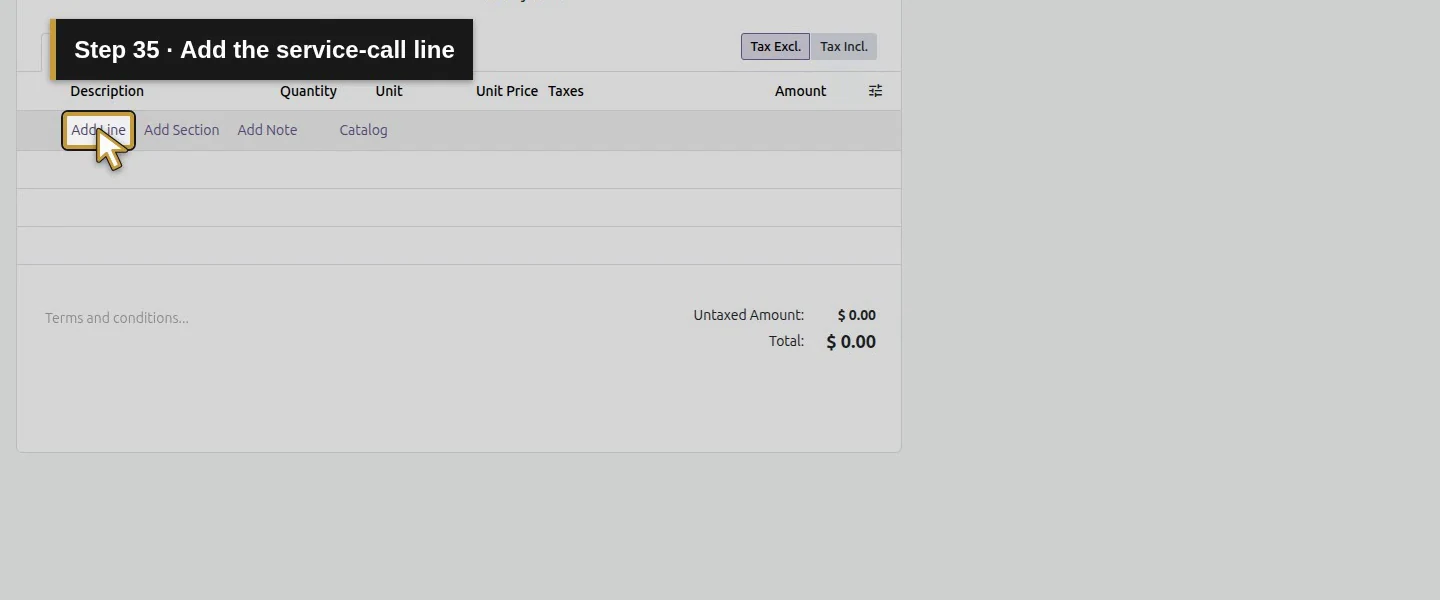 Action 35: Add the service-call line. The actual target is highlighted in gold.