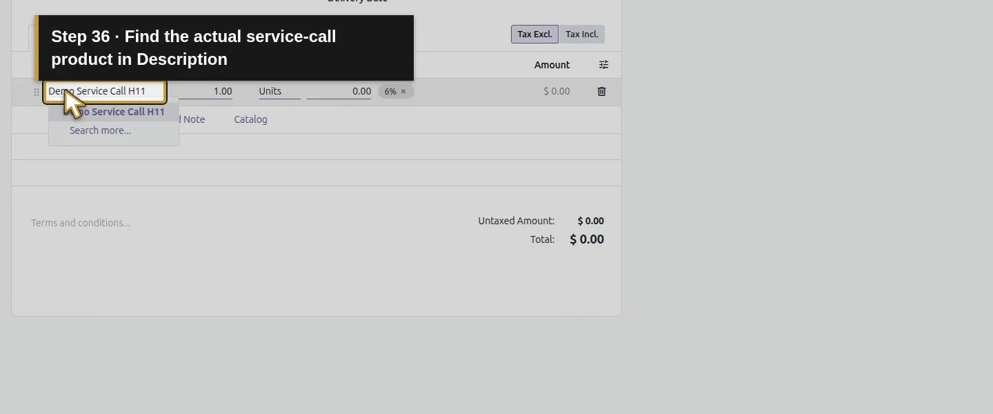 Action 36: Find the actual service-call product in Description. The actual target is highlighted in gold.