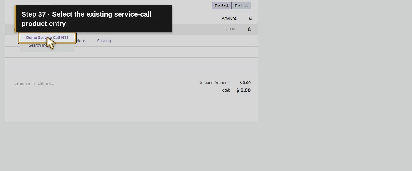 Action 37: Select the existing service-call product entry. The actual target is highlighted in gold.