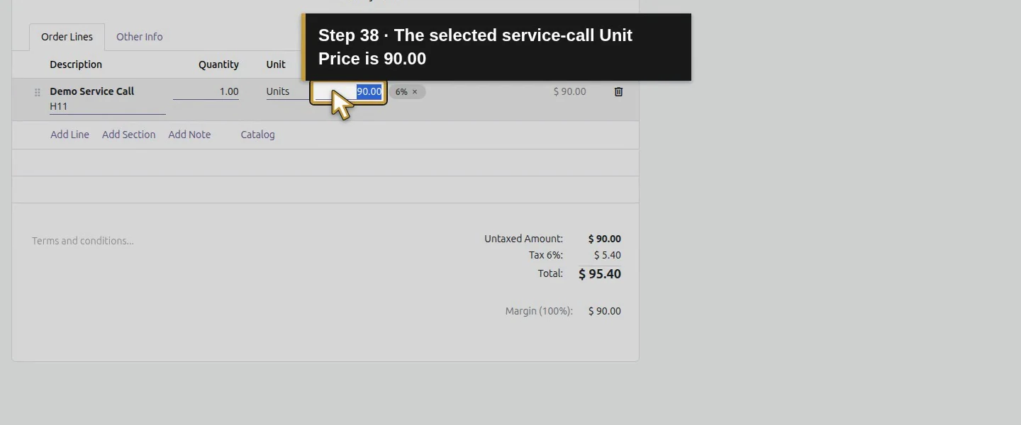 Action 38: The selected service-call Unit Price is 90.00. The actual target is highlighted in gold.