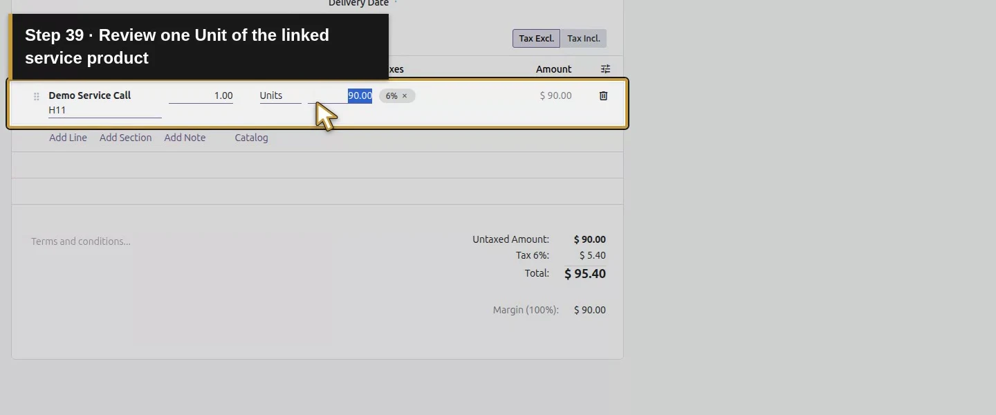 Action 39: Review one Unit of the linked service product. The actual target is highlighted in gold.