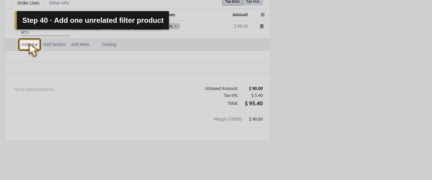 Action 40: Add one unrelated filter product. The actual target is highlighted in gold.