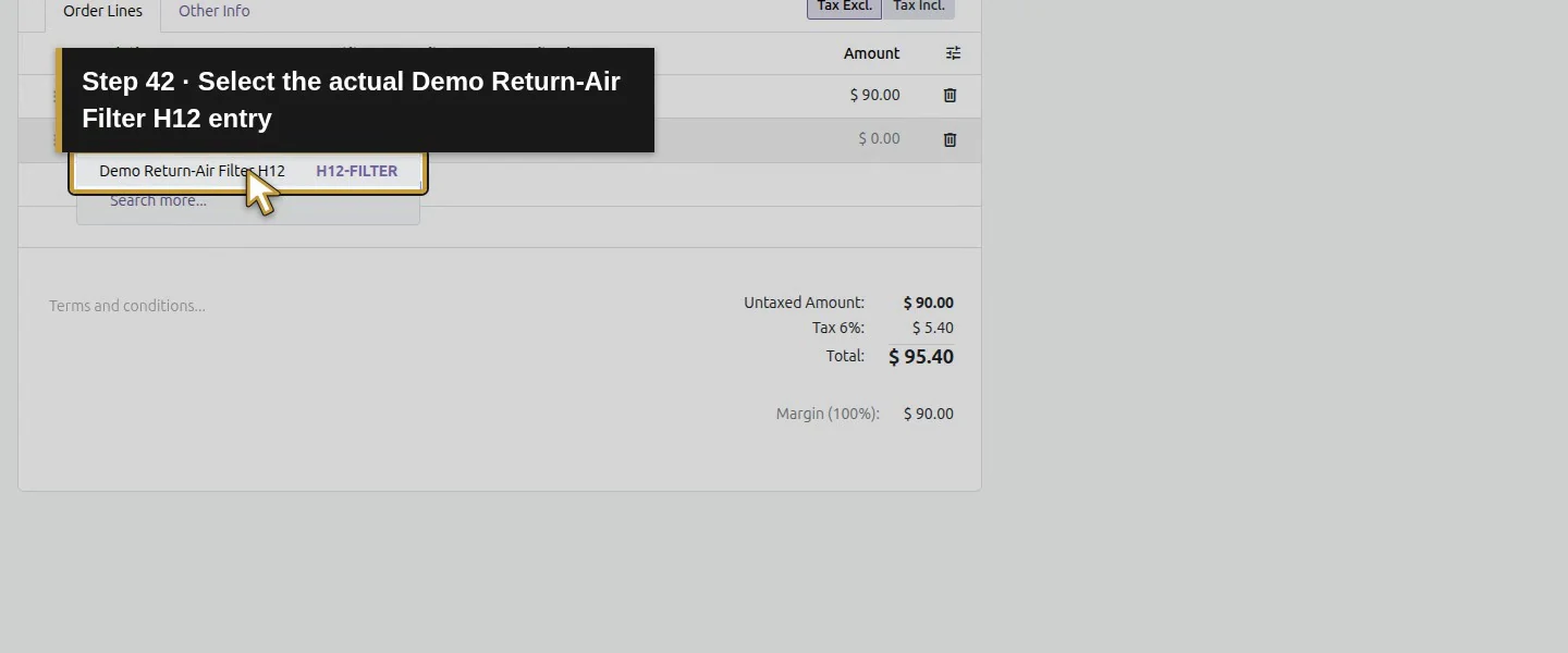 Action 42: Select the actual Demo Return-Air Filter H12 entry. The actual target is highlighted in gold.