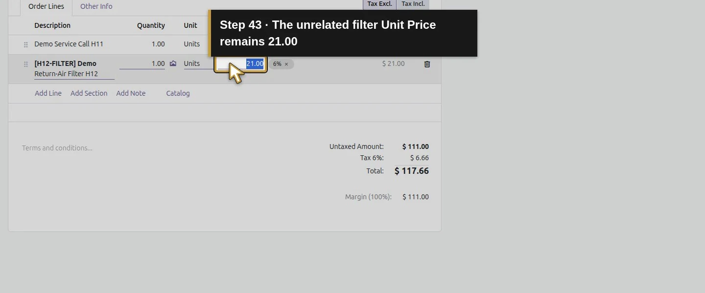 Action 43: The unrelated filter Unit Price remains 21.00. The actual target is highlighted in gold.