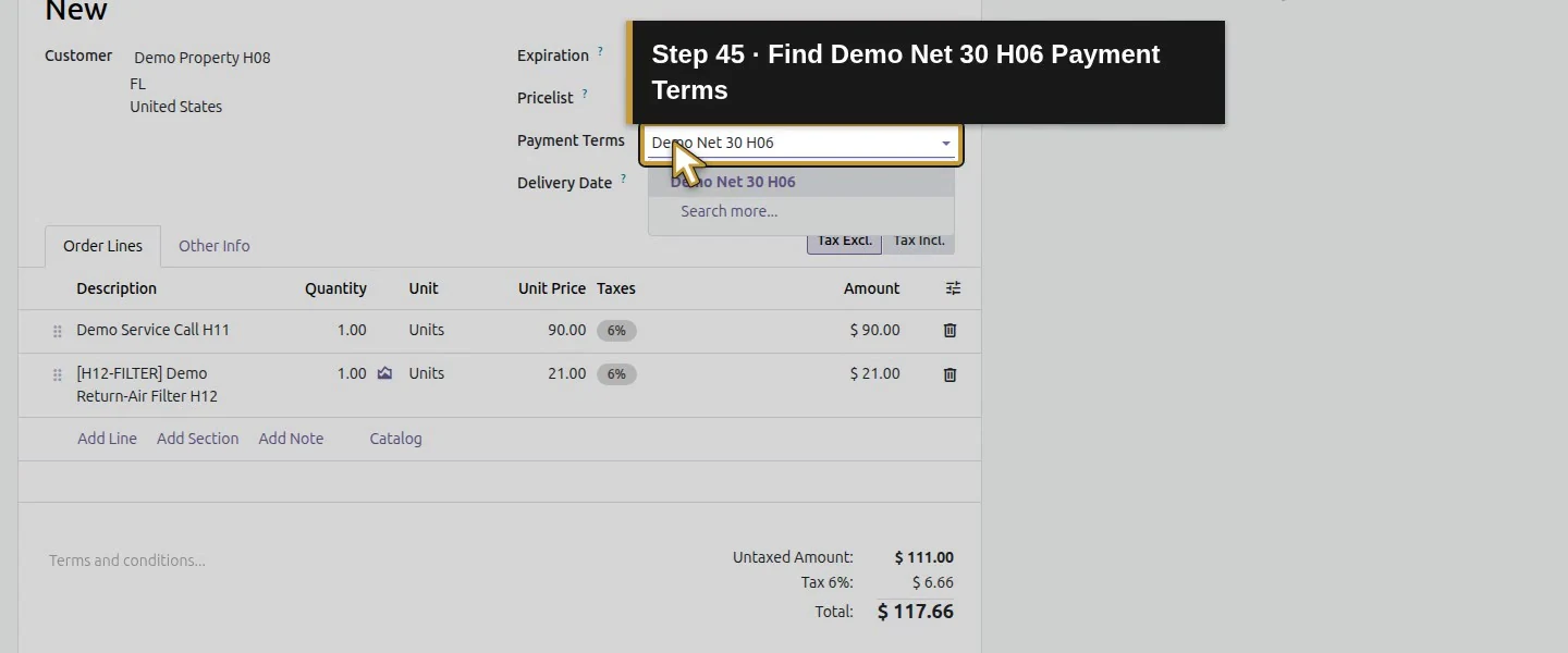 Action 45: Find Demo Net 30 H06 Payment Terms. The actual target is highlighted in gold.