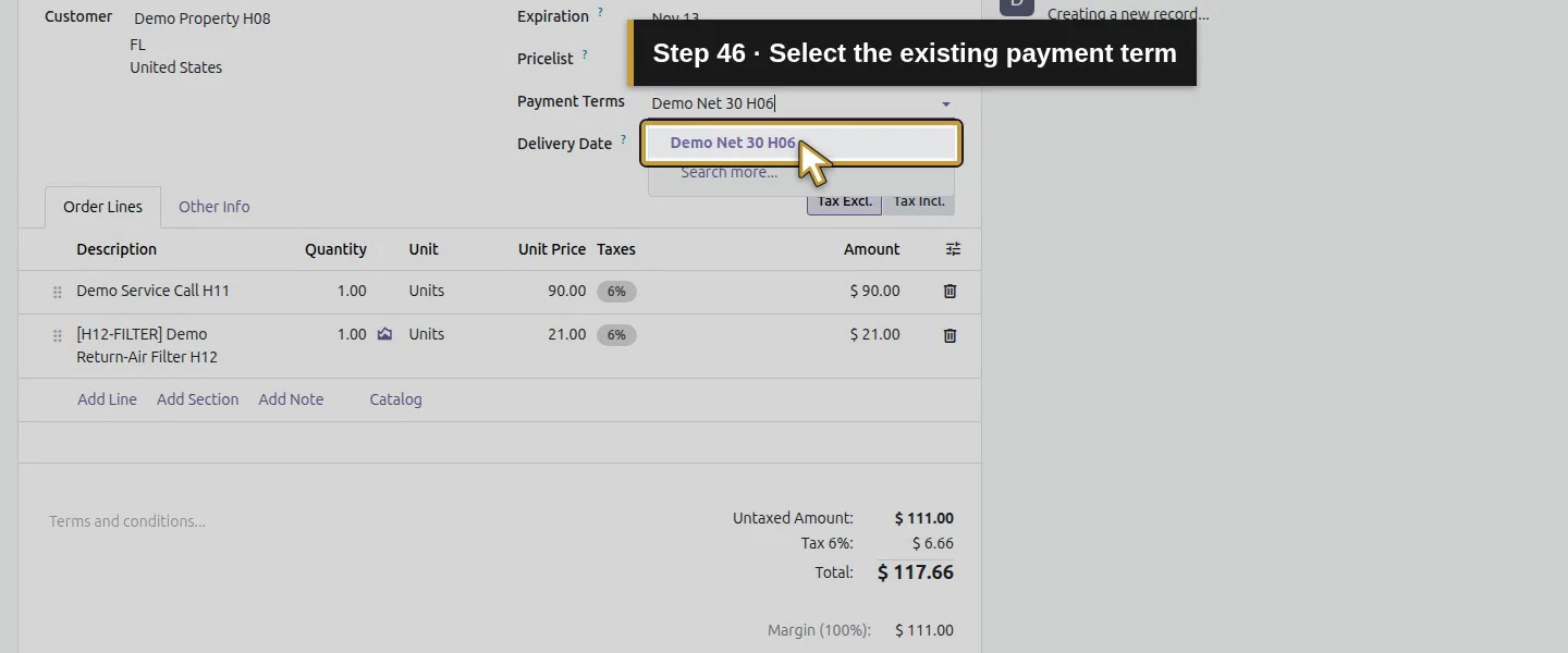 Action 46: Select the existing payment term. The actual target is highlighted in gold.