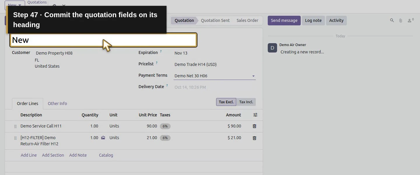 Action 47: Commit the quotation fields on its heading. The actual target is highlighted in gold.