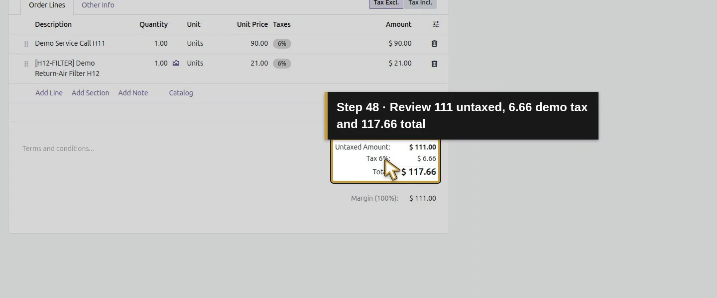 Action 48: Review 111 untaxed, 6.66 demo tax and 117.66 total. The actual target is highlighted in gold.