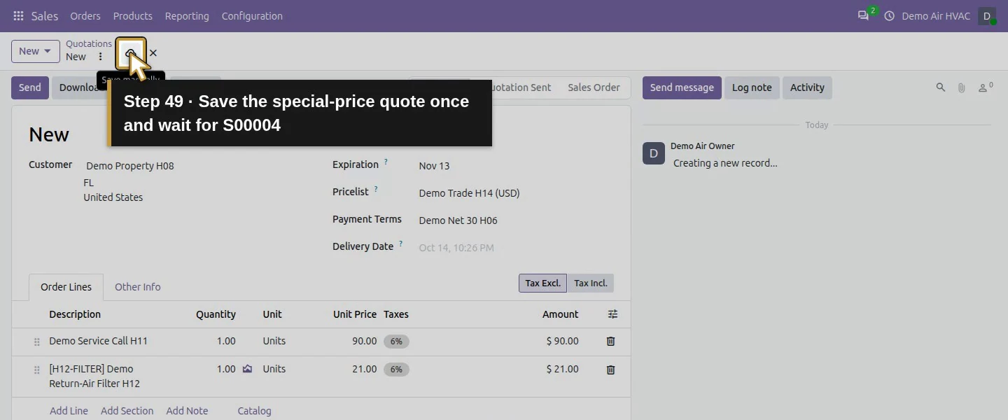 Action 49: Save the special-price quote once and wait for S00004. The actual target is highlighted in gold.