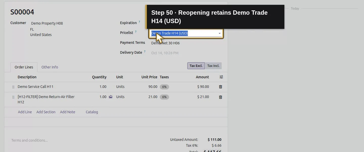 Action 50: Reopening retains Demo Trade H14 (USD). The actual target is highlighted in gold.