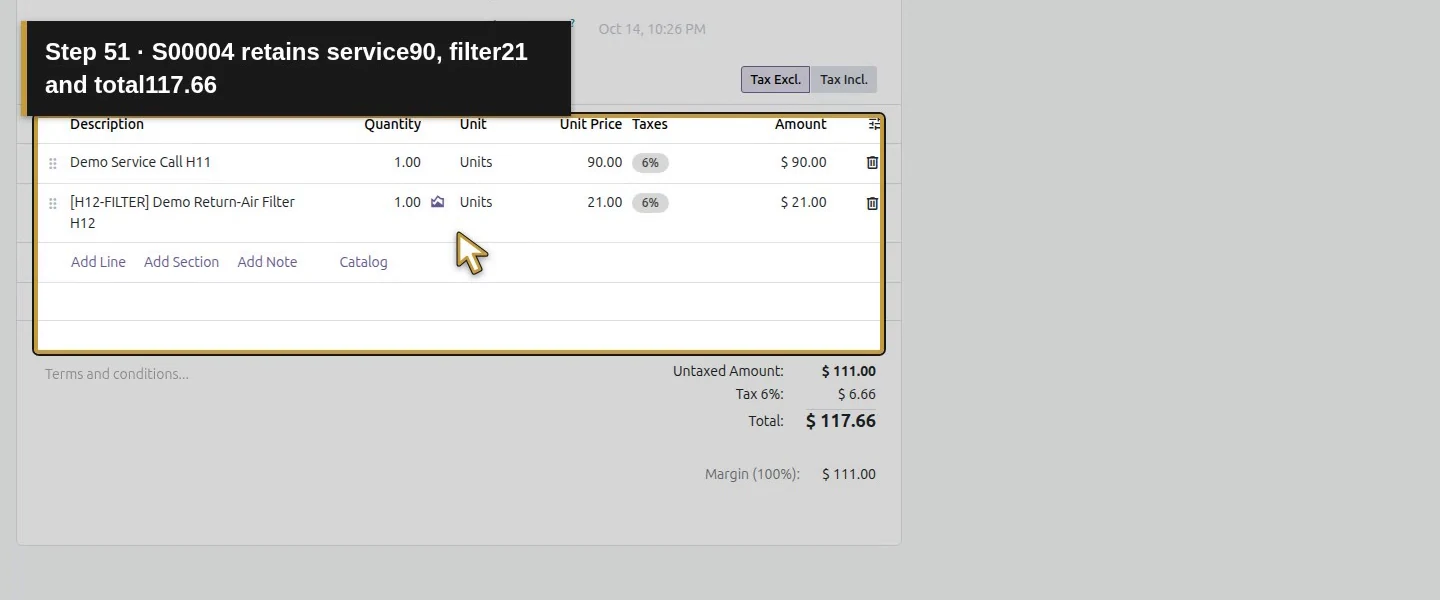 Action 51: S00004 retains service90, filter21 and total117.66. The actual target is highlighted in gold.