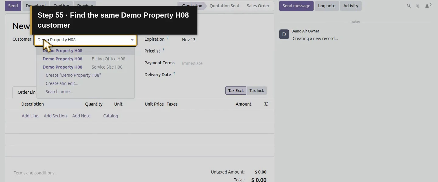 Action 55: Find the same Demo Property H08 customer. The actual target is highlighted in gold.