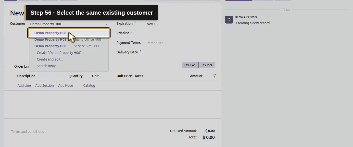 Action 56: Select the same existing customer. The actual target is highlighted in gold.
