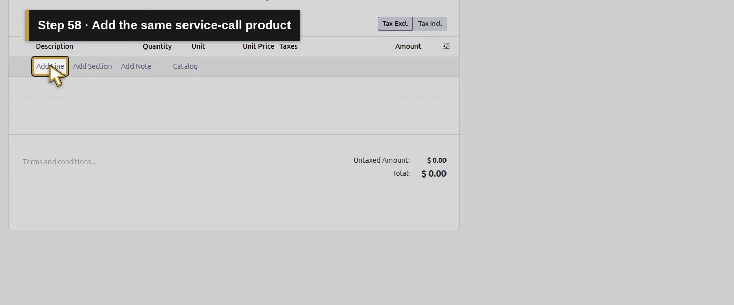 Action 58: Add the same service-call product. The actual target is highlighted in gold.