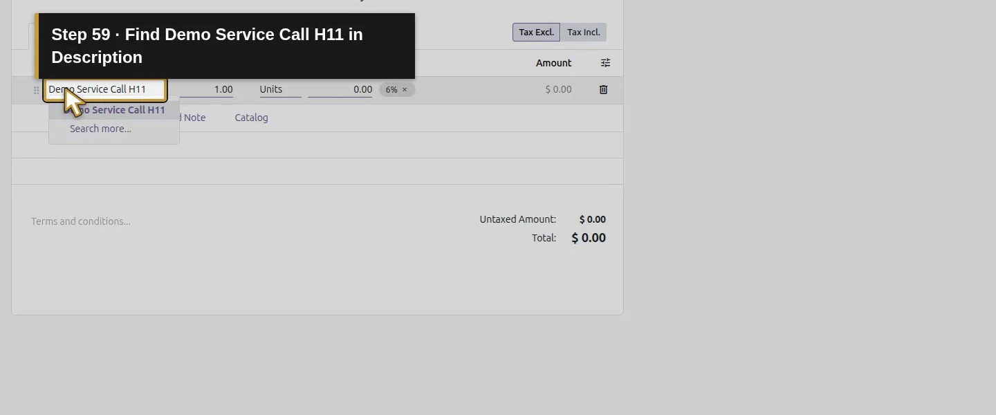 Action 59: Find Demo Service Call H11 in Description. The actual target is highlighted in gold.
