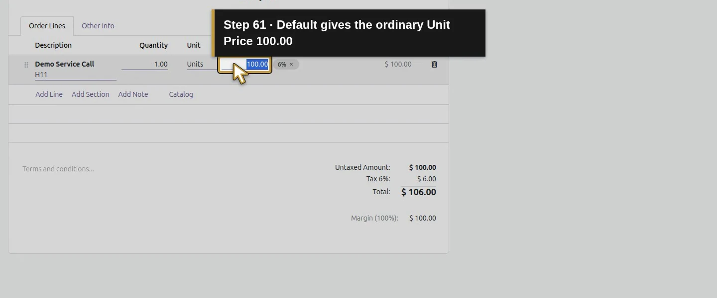Action 61: Default gives the ordinary Unit Price 100.00. The actual target is highlighted in gold.
