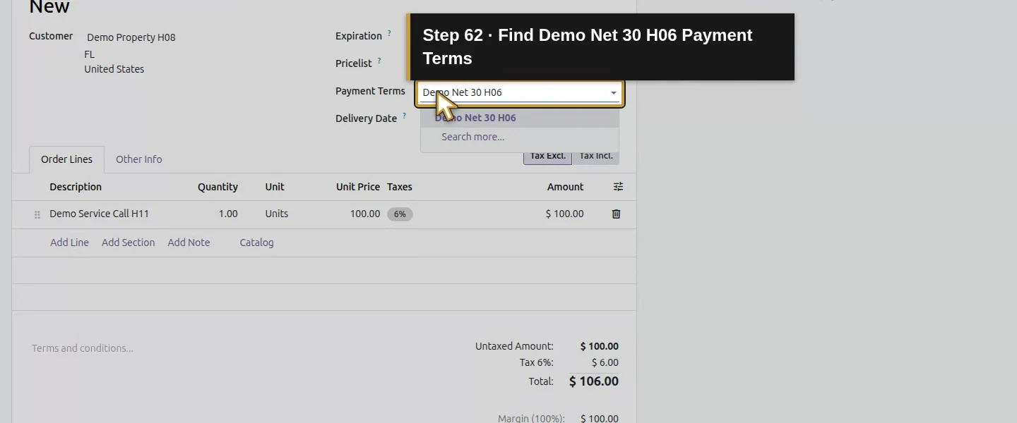 Action 62: Find Demo Net 30 H06 Payment Terms. The actual target is highlighted in gold.