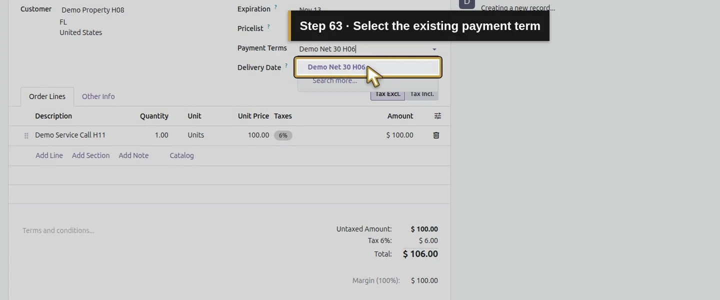 Action 63: Select the existing payment term. The actual target is highlighted in gold.