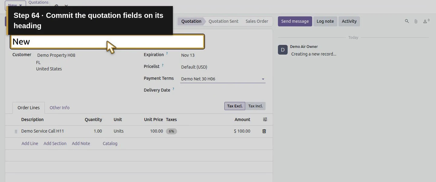 Action 64: Commit the quotation fields on its heading. The actual target is highlighted in gold.