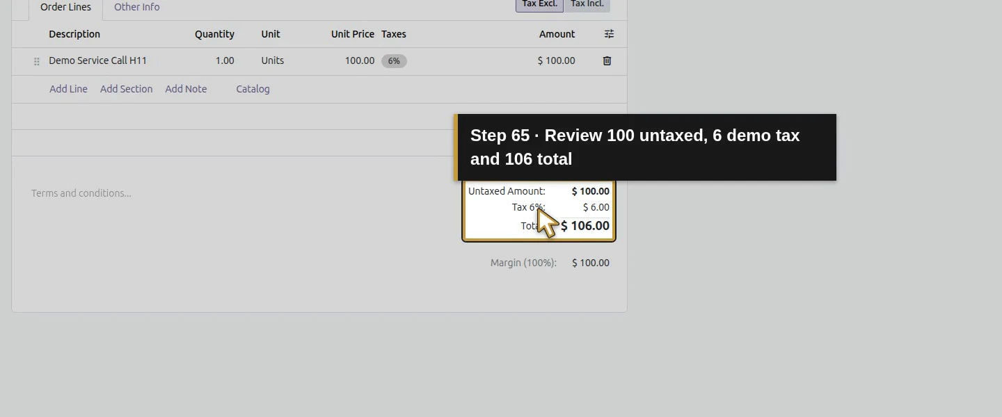 Action 65: Review 100 untaxed, 6 demo tax and 106 total. The actual target is highlighted in gold.