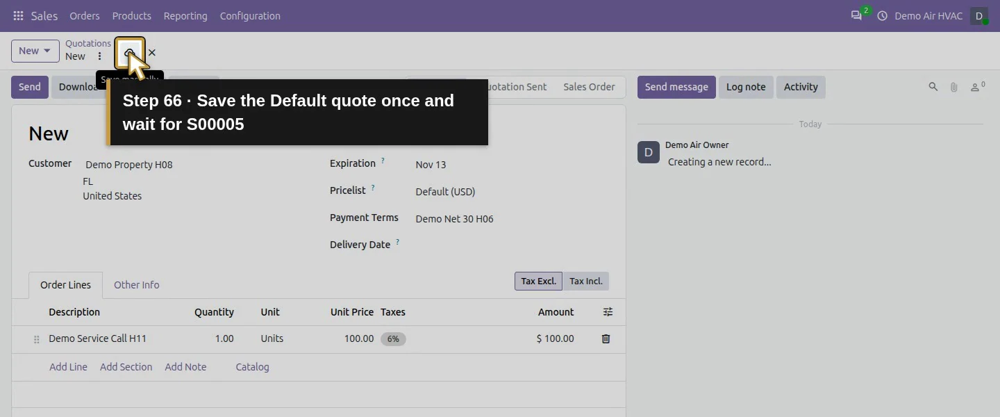 Action 66: Save the Default quote once and wait for S00005. The actual target is highlighted in gold.