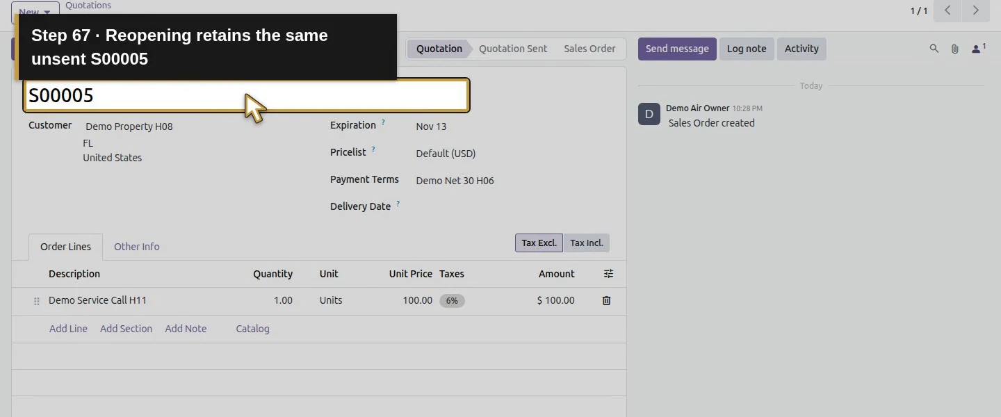 Action 67: Reopening retains the same unsent S00005. The actual target is highlighted in gold.
