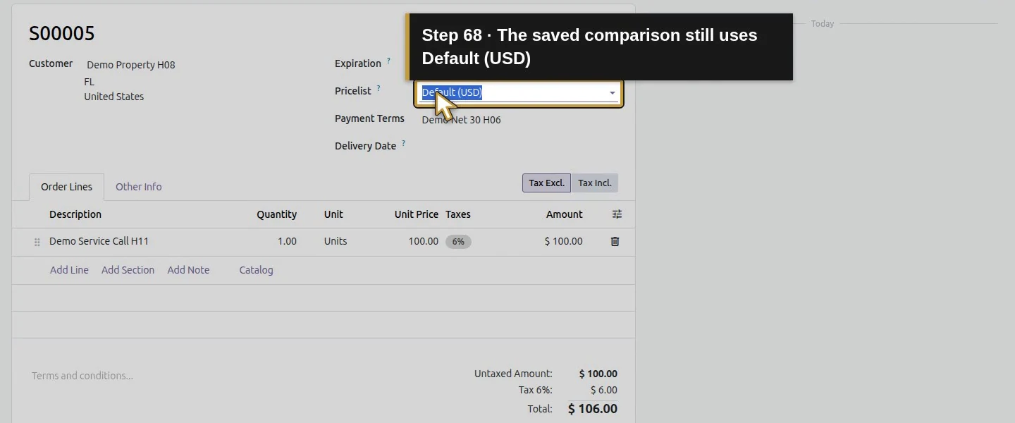 Action 68: The saved comparison still uses Default (USD). The actual target is highlighted in gold.