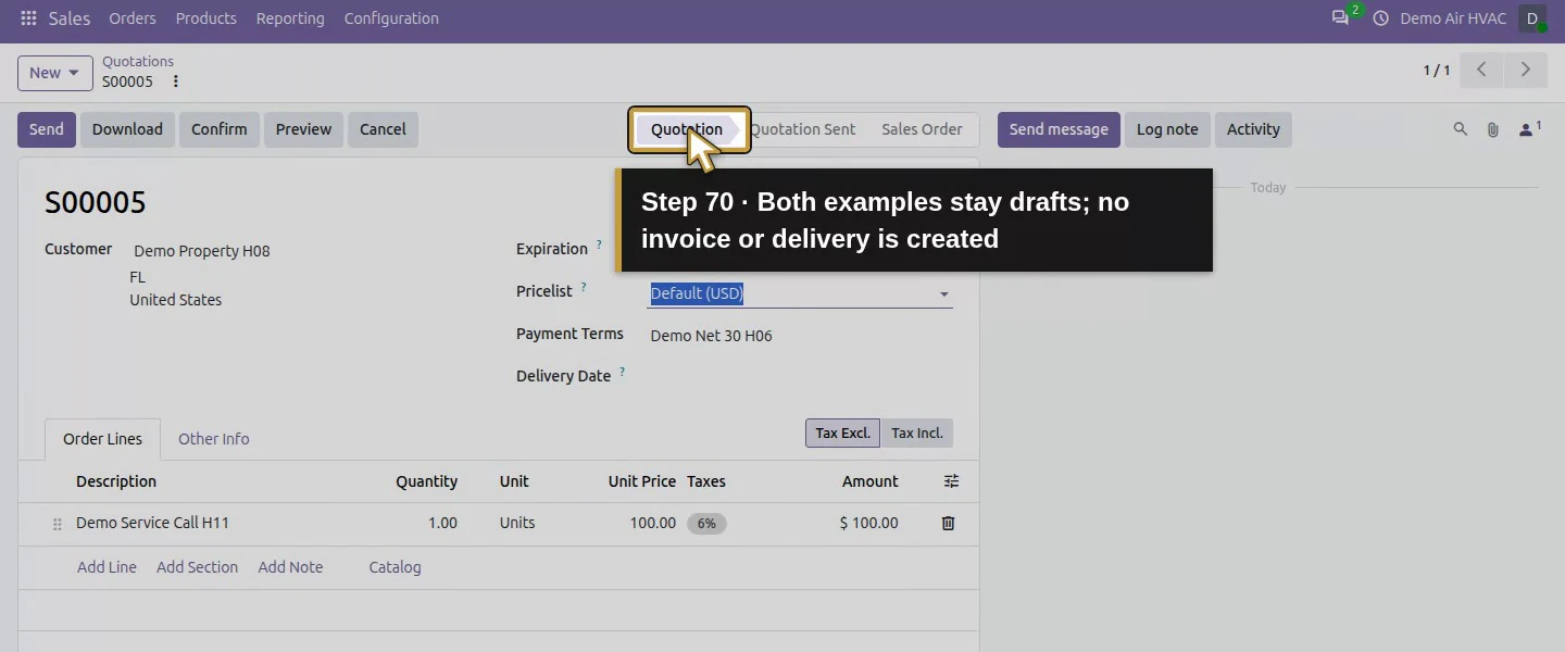 Action 70: Both examples stay drafts; no invoice or delivery is created. The actual target is highlighted in gold.