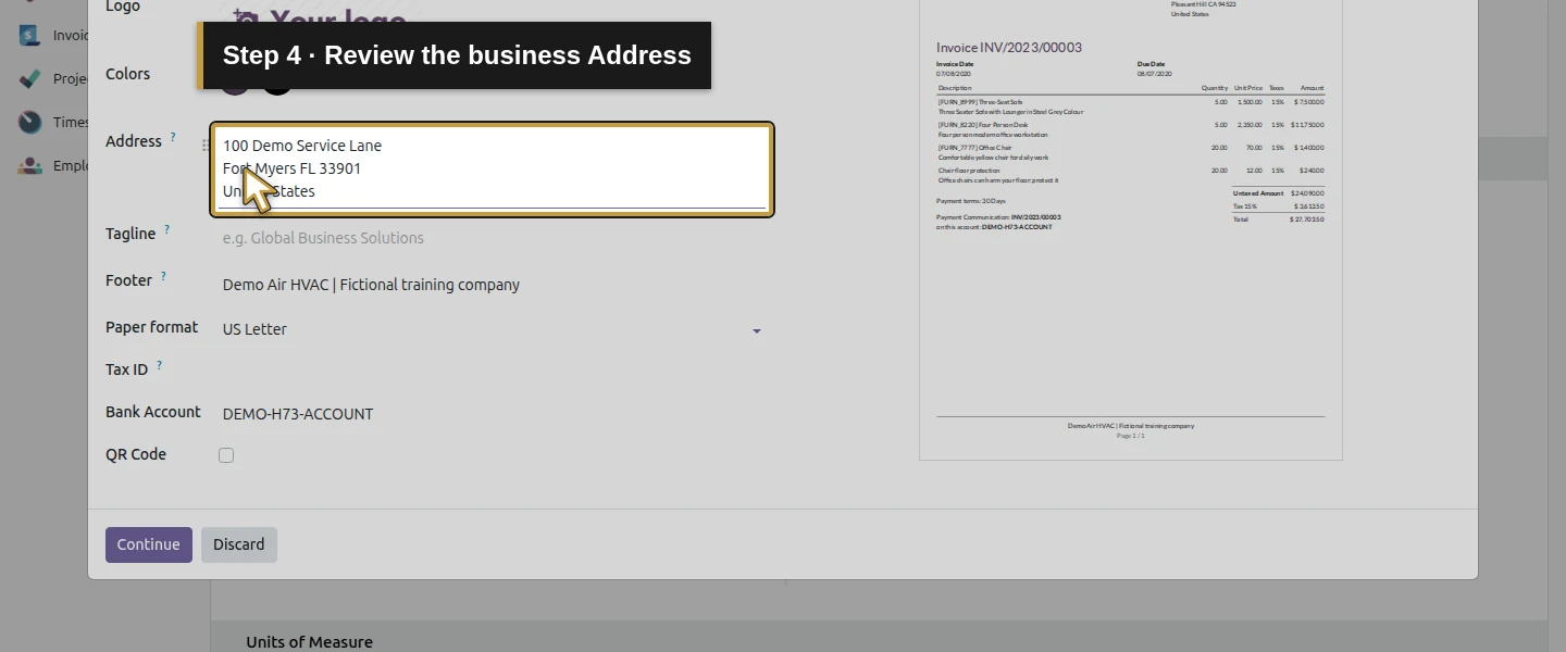 Video action 4: Review the business Address. The actual target is highlighted in gold.