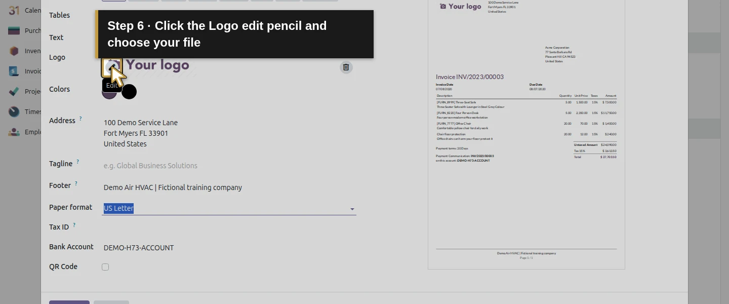 Video action 6: Click the Logo edit pencil and choose your file. The actual target is highlighted in gold.