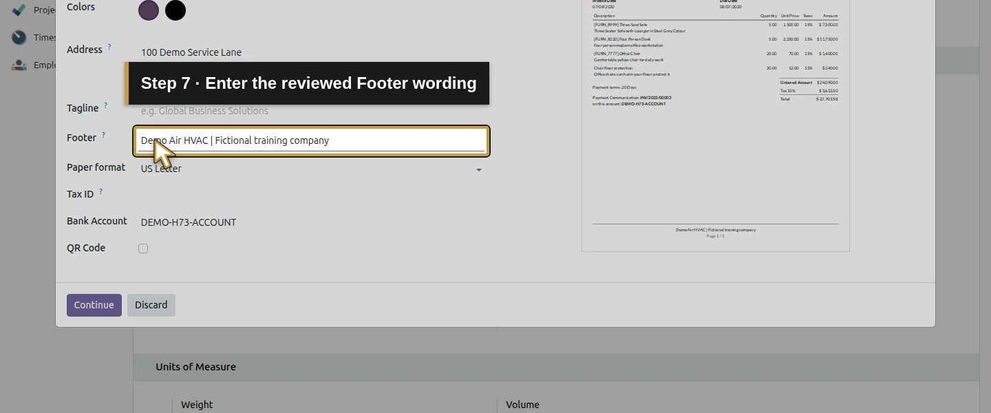 Video action 7: Enter the reviewed Footer wording. The actual target is highlighted in gold.