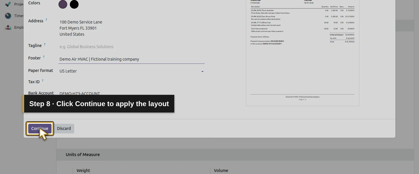 Video action 8: Click Continue to apply the layout. The actual target is highlighted in gold.