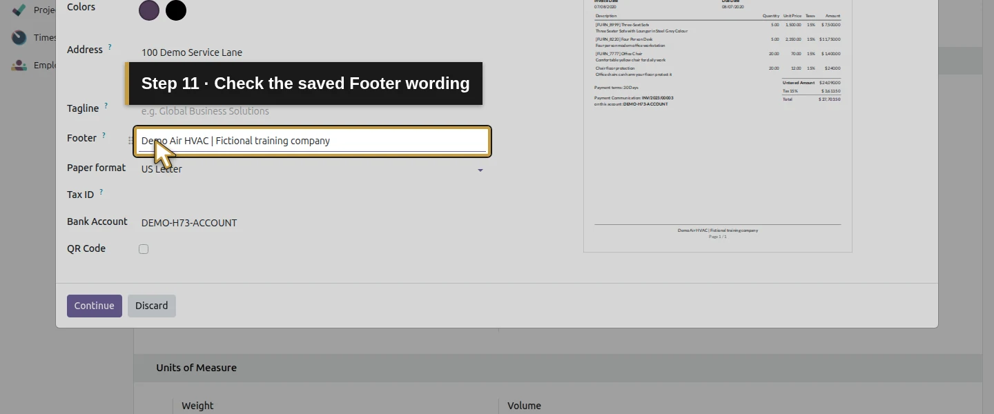 Video action 11: Check the saved Footer wording. The actual target is highlighted in gold.