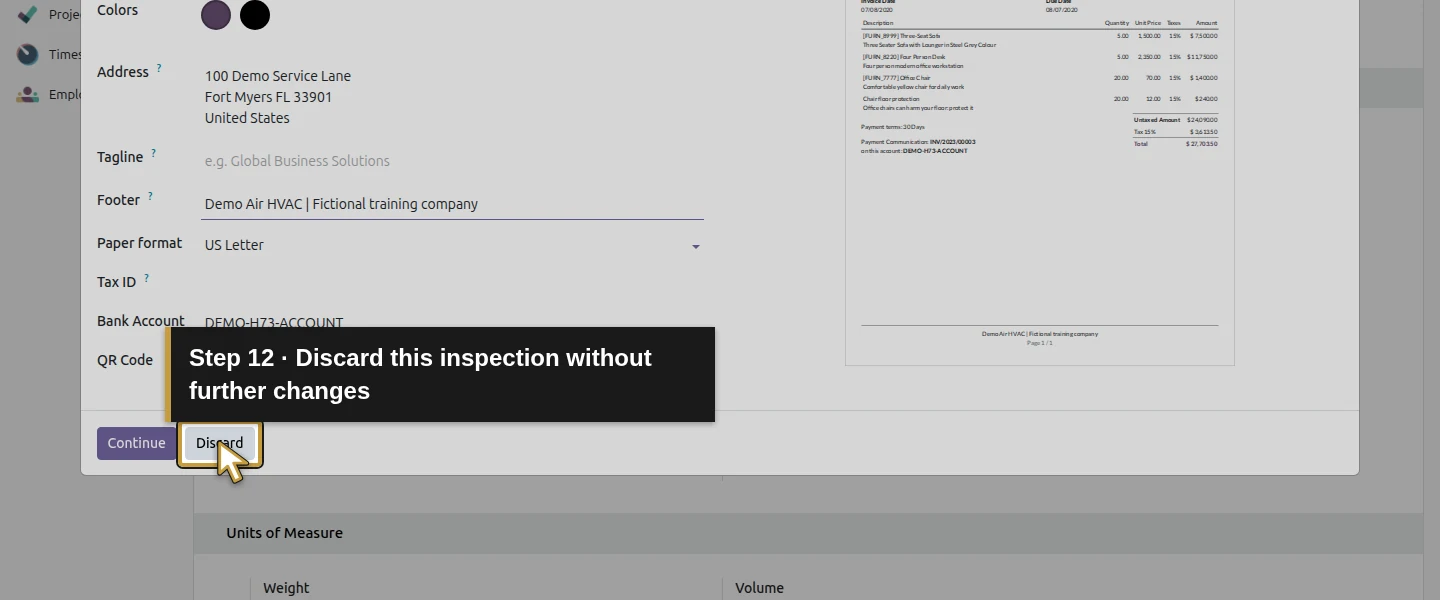 Video action 12: Discard this inspection without further changes. The actual target is highlighted in gold.