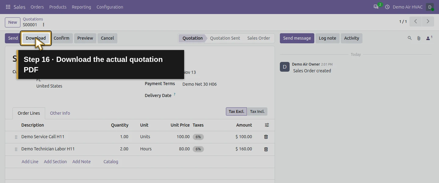 Video action 16: Download the actual quotation PDF. The actual target is highlighted in gold.