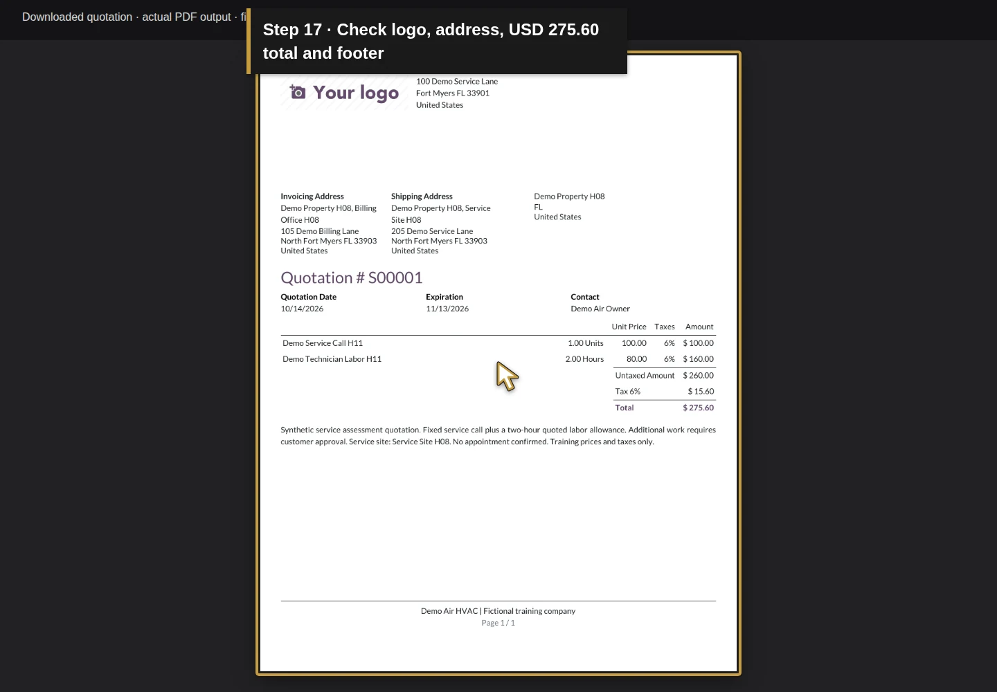 Video action 17: Check logo, address, USD 275.60 total and footer. The actual target is highlighted in gold.