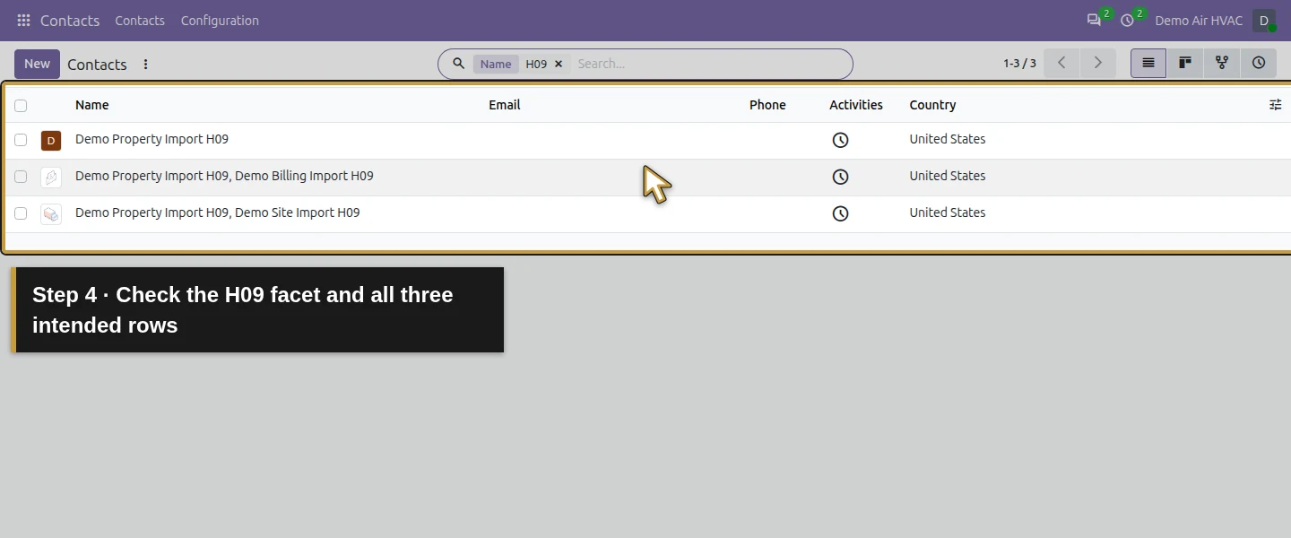 Action 4: Check the H09 facet and all three intended rows. The actual target is highlighted in gold.